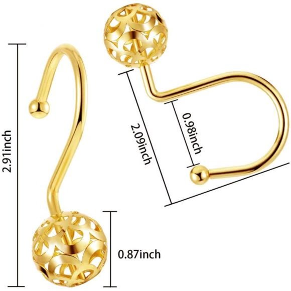 Gold Shower Curtain Hooks Rings,Set of 12 Brass Decorative Bling Metal Rustproof - Picture 5 of 6